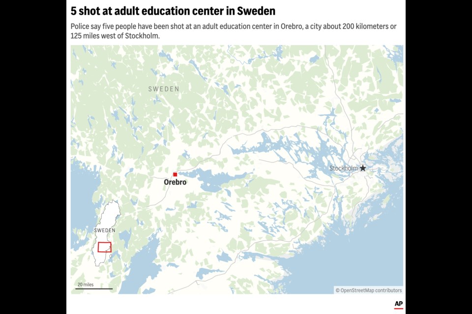 The map above shows Orebro, Sweden, site of shooting at an adult education home. (AP Digital Embed)