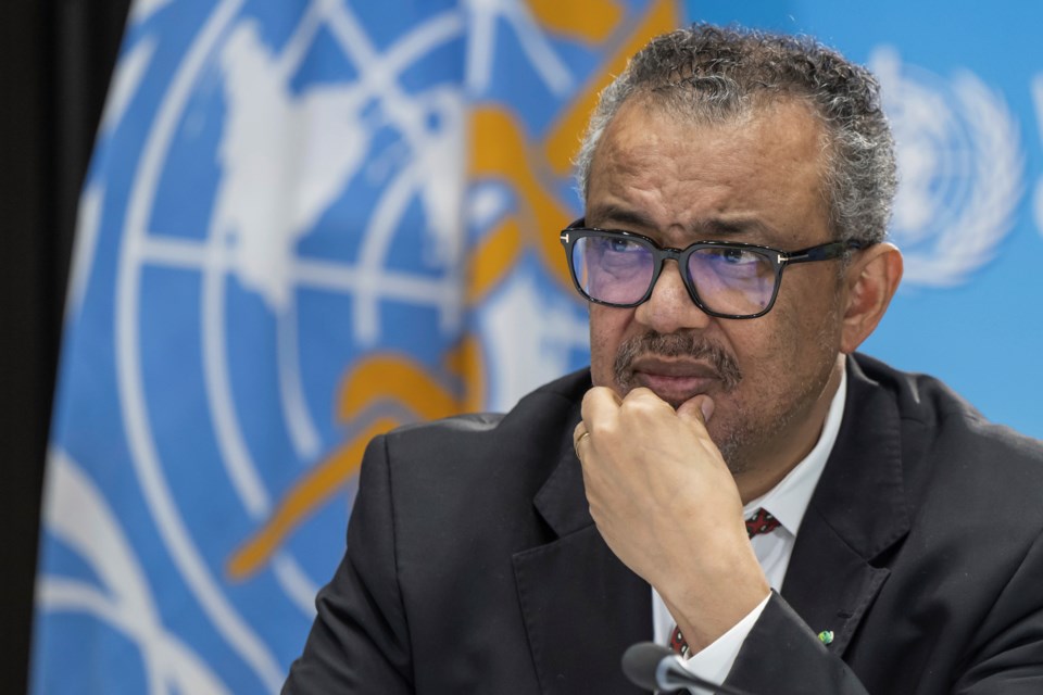 FILE - Tedros Adhanom Ghebreyesus, Director General of the World Health Organization (WHO), speaks to journalists during a press conference at the World Health Organization (WHO) headquarters in Geneva, Switzerland, on April 6, 2023. (Martial Trezzini/Keystone via AP, File)