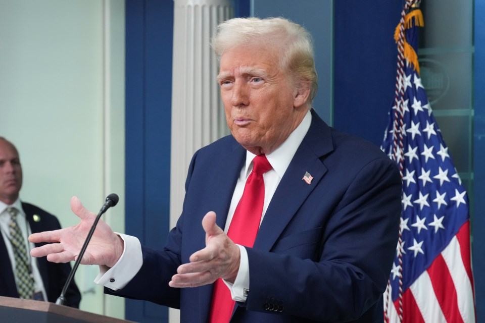 President Donald Trump speaks in the James Brady Press Briefing Room at the White House, Thursday, Jan. 30, 2025, in Washington. (AP Photo/Jacquelyn Martin)