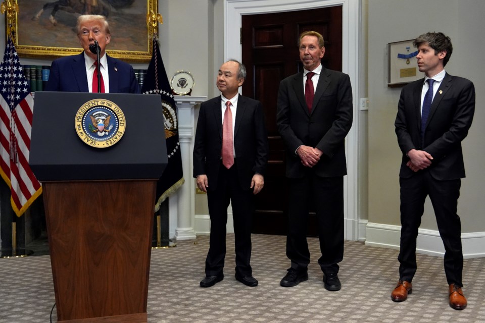 President Donald Trump speaks in the Roosevelt Room at the White House, Tuesday, Jan. 21, 2025, in Washington, as Softbank CEO Masayoshi Son, Oracle chief technology officer Larry Ellison and OpenAI CEO Sam Altman, listen. (AP Photo/Julia Demaree Nikhinson)