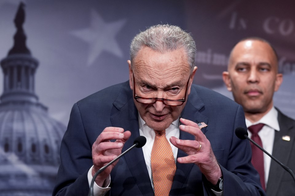 Senate Minority Leader Chuck Schumer, D-N.Y., and House Minority Leader Hakeem Jeffries, D-N.Y., right, express their alarm to reporters about actions by President Donald Trump and his adviser Elon Musk, on Capitol Hill in Washington, Tuesday, Feb. 4, 2025. Democrats fear Musk is wielding power within the federal government without accountability and potentially against the law. (AP Photo/J. Scott Applewhite)