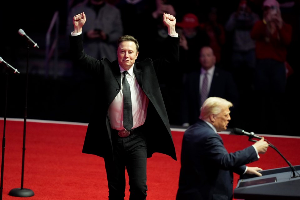 Elon Musk reacts as President-elect Donald Trump speaks at a rally ahead of the 60th Presidential Inauguration, Sunday, Jan. 19, 2025, in Washington. (AP Photo/Alex Brandon)