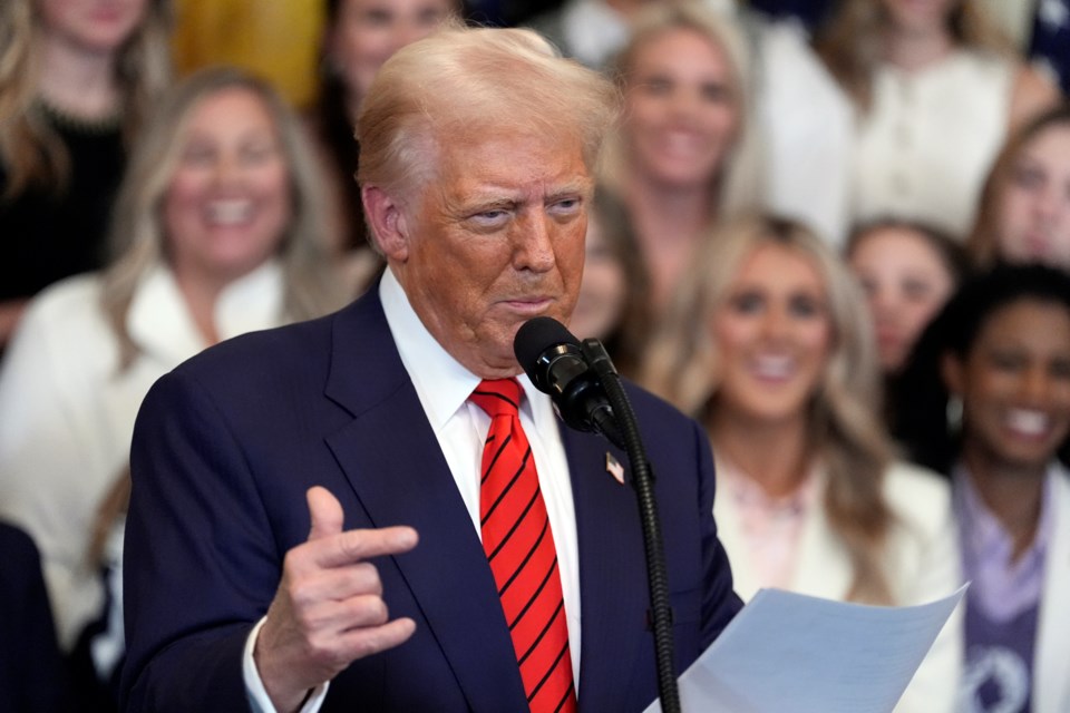 President Donald Trump speaks before signing an executive order barring transgender female athletes from competing in women's or girls' sporting events, in the East Room of the White House, Wednesday, Feb. 5, 2025, in Washington. (AP Photo/Alex Brandon)