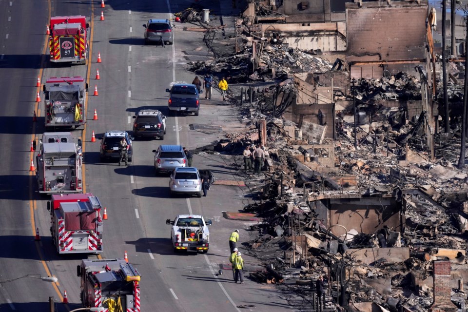 FILE - Homes along the Pacific Coast Highway are seen burned by the Palisades Fire, Sunday, Jan. 12, 2025, in Malibu, Calif. (AP Photo/Mark J. Terrill, File)