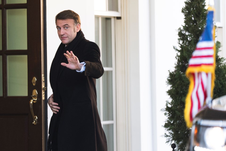 French President Emmanuel Macron, arrives at the White House, Monday, Feb. 24, 2025, in Washington. (AP Photo/Manuel Balce Ceneta)