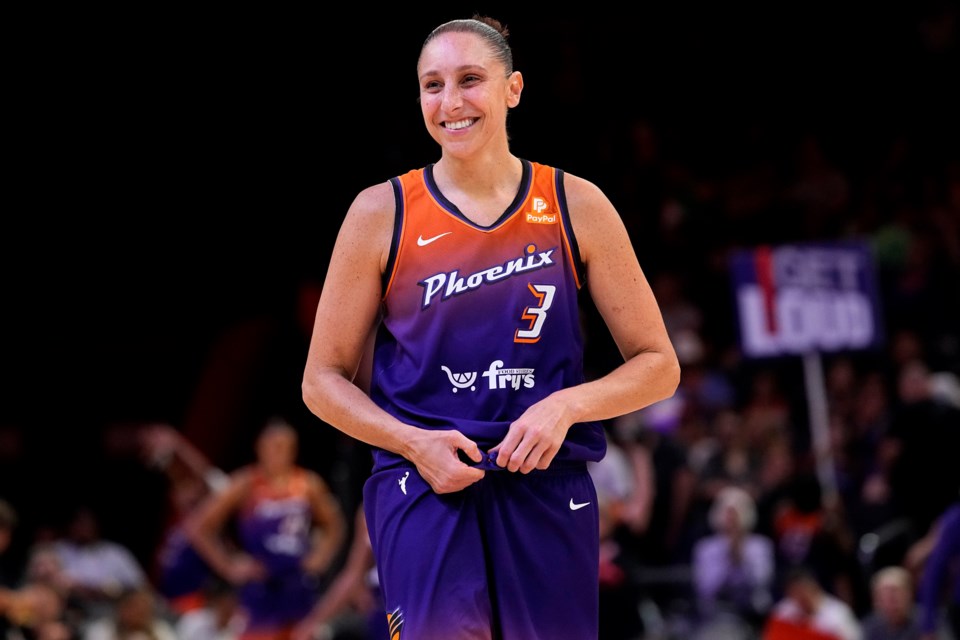 FILE - Phoenix Mercury's Diana Taurasi smiles during the second half of a WNBA basketball game against the Atlanta Dream, Thursday, Aug. 3, 2023, in Phoenix. (AP Photo/Matt York, File)