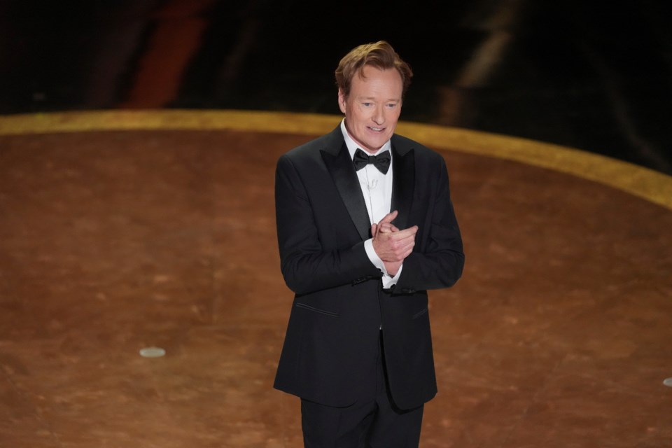 Host Conan O'Brien speaks during the Oscars on Sunday, March 2, 2025, at the Dolby Theatre in Los Angeles. (AP Photo/Chris Pizzello)