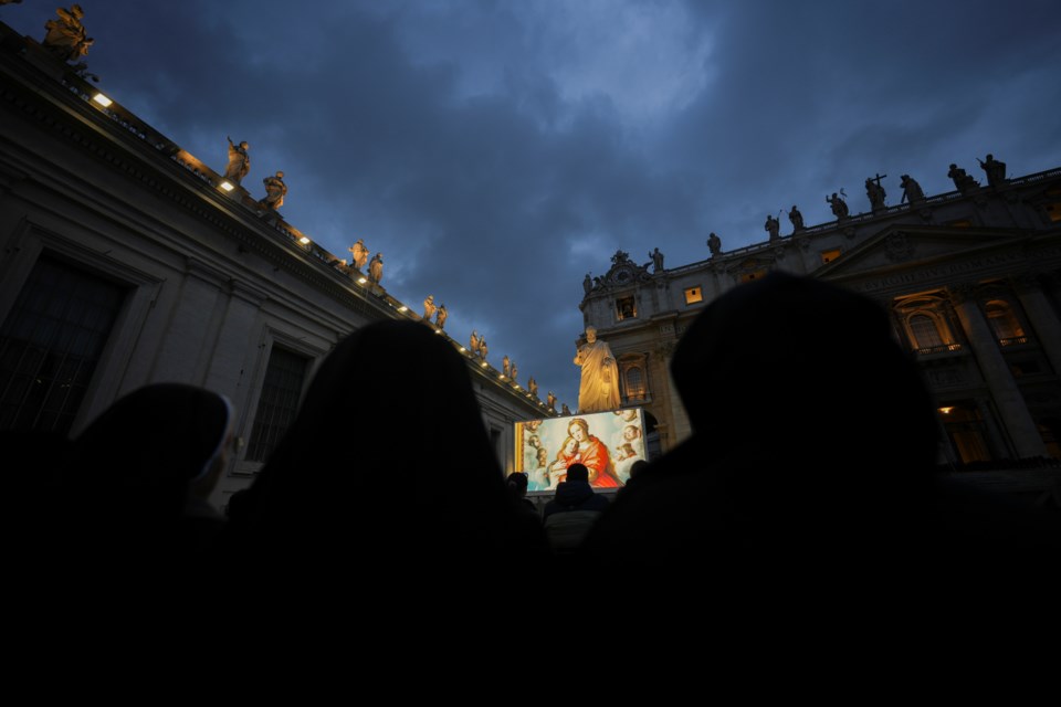 Nuns attend a Rosary prayer for Pope Francis, in St. Peter's Square at the Vatican, Monday, March 10, 2025. (AP Photo/Andrew Medichini)