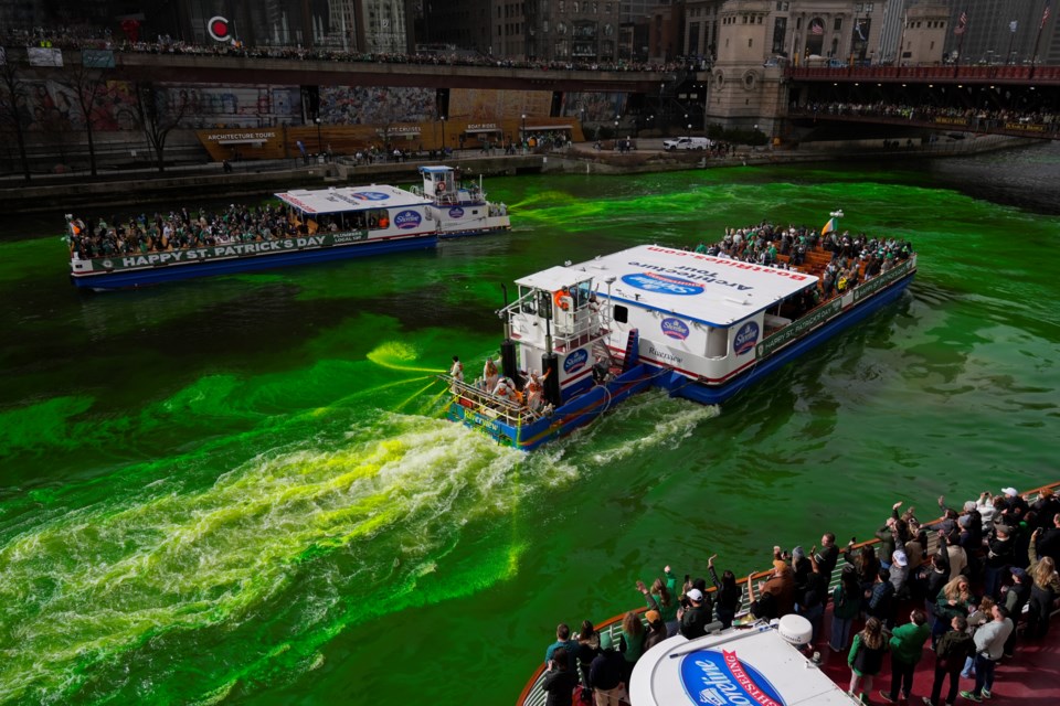 The Chicago River is dyed green as part of annual St. Patrick's Day festivities Saturday, March 15, 2025, in Chicago. (AP Photo/Erin Hooley)