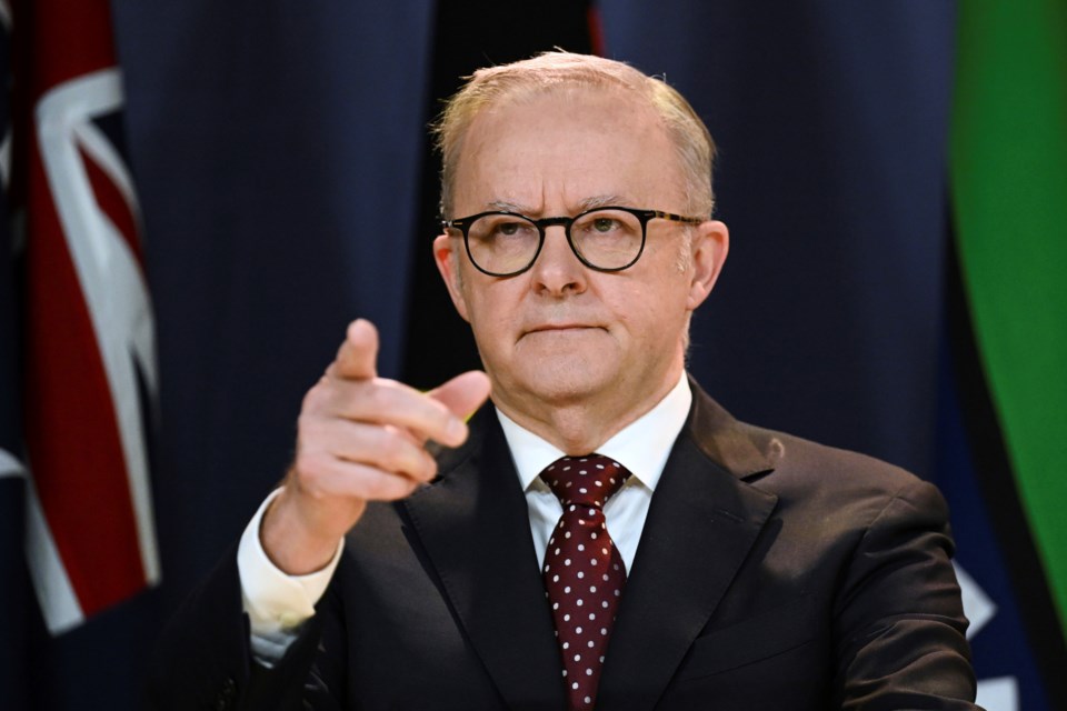 Australian Prime Minister Anthony Albanese gestures during a press conference in Sydney, Wednesday, March 12, 2025. (Dean Lewins/AAP Image via AP)