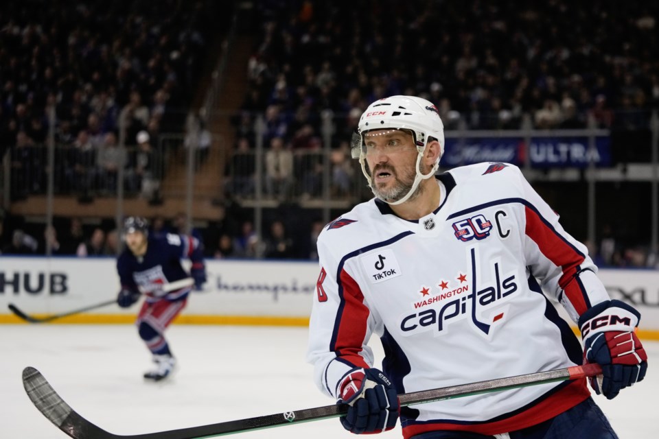 Washington Capitals' Alex Ovechkin (8) skates during the second period of an NHL hockey game against the New York Rangers Wednesday, March 5, 2025, in New York. (AP Photo/Frank Franklin II)