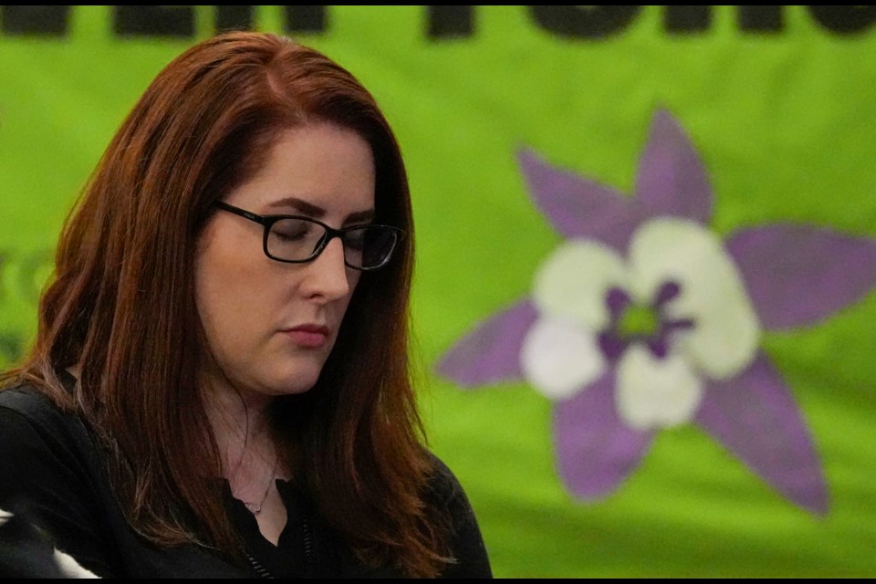 FILE - Columbine High School shooting survivor Anne Marie Hochhalter attends a vigil for the 25th anniversary of the mass shooting, April 19, 2024, in Denver. (AP Photo/Jack Dempsey, File)