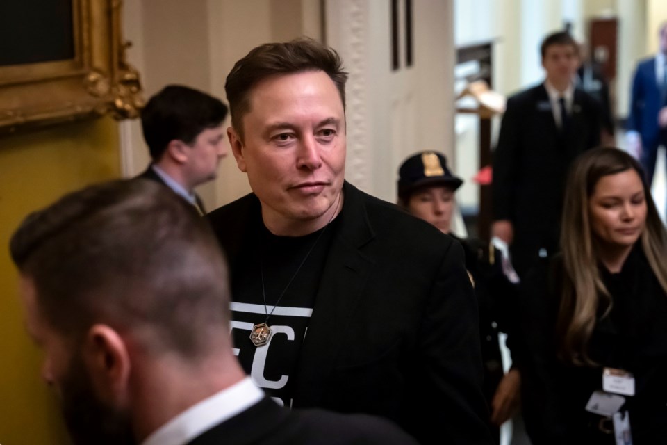 Elon Musk leaves after meeting with Senate Republicans, at the Capitol in Washington, Wednesday, March 5, 2025. (AP Photo/Ben Curtis)