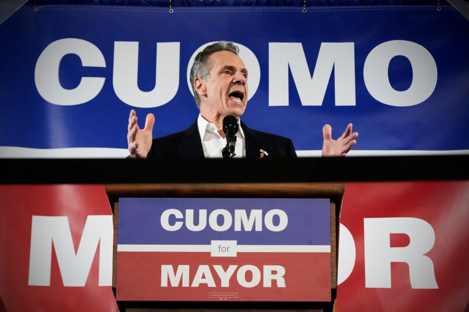 Former New York Gov. Andrew Cuomo speaks at the New York City District Council of Carpenters while campaigning for mayor of New York City, Sunday, March 2, 2025. (AP Photo/Julia Demaree Nikhinson)