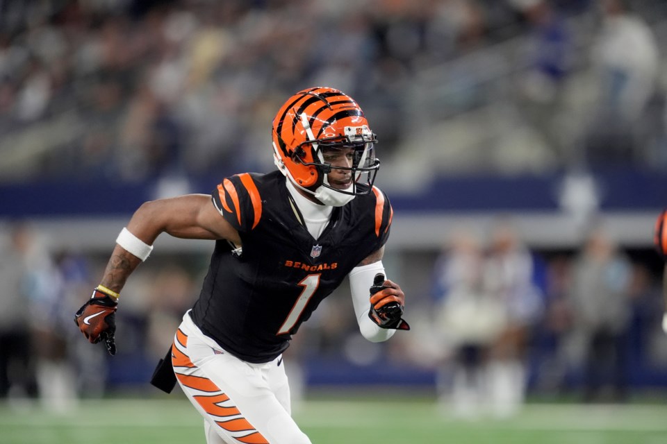 FILE - Cincinnati Bengals wide receiver Ja'Marr Chase runs a route during an NFL football game against the Dallas Cowboys in Arlington, Texas, Dec. 9, 2024. (AP Photo/Tony Gutierrez, File)