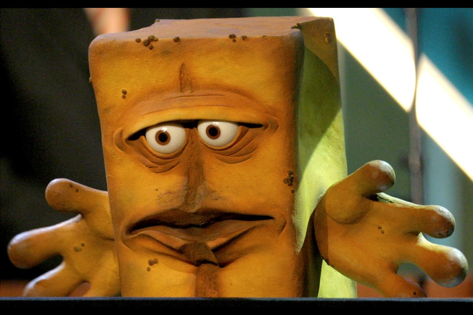 FILE - The tv figure "Bernd das Brot" on stage during the Grimme awards in Marl, Germany, Saturday, April 3, 2004. (AP Photo/Michael Sohn, File)