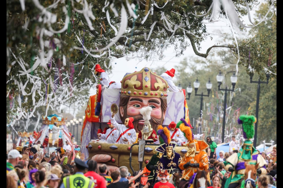 FILE - The captain rides on a float with moving eyes and mouth as the Krewe of Mid-City parades on the Uptown route in New Orleans, Feb. 11, 2024. (Sophia Germer/The Times-Picayune/The New Orleans Advocate via AP, File)