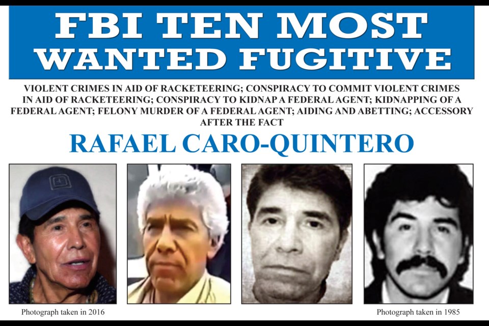 FILE - In this image released by the FBI shows the wanted posted for Rafael Caro Quintero. (FBI via AP, File)