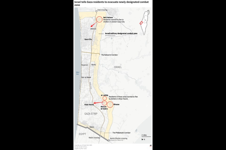 The map above shows the newly designated combat zone in Gaza and evacuation orders for neighborhoods within the zone. (AP Graphic)