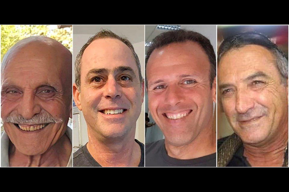 This combination of images provided by Hostages Family Forum shows Shlomo Mantzur, Tsachi Idan, Ohad Yahalomi and Itzik Elgarat, who all were abducted and brought to Gaza on Oct. 7, 2023. (Hostages Family Forum via AP)