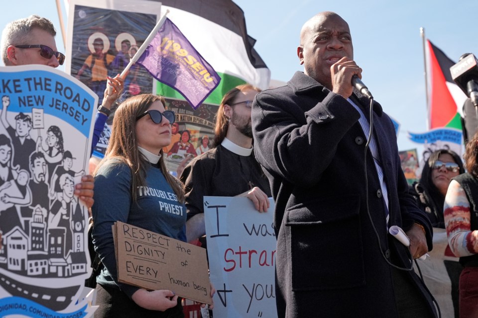 Newark mayor and gubernatorial candidate Ras Baraka speaks during a protest in front of of Delaney Hall, the proposed site of an immigrant detention center, in Newark, N.J., Tuesday, March 11, 2025. (AP Photo/Seth Wenig)