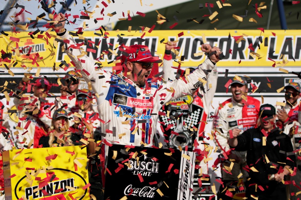 Josh Berry celebrates after winning a NASCAR Cup Series auto race Sunday, March 16, 2025, in Las Vegas. (AP Photo/John Locher)