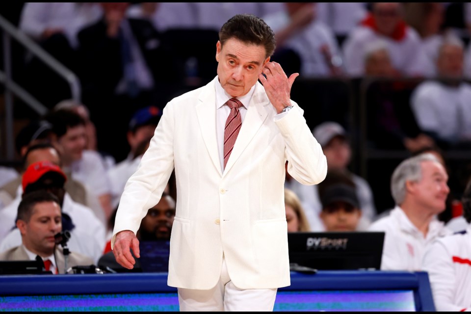 St. John's head coach Rick Pitino reacts during the first half of an NCAA college basketball game against Seton Hall , Saturday, March 1, 2025, in New York. (AP Photo/Noah K. Murray)