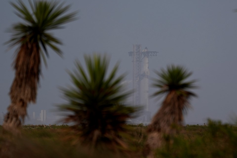 SpaceX's mega rocket Starship sits on the pad after it's test flight from Starbase was scrubbed in Boca Chica, Texas, Monday, March 3, 2025. (AP Photo/Eric Gay)