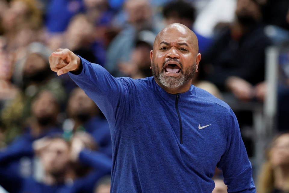 Detroit Pistons head coach J.B. Bickerstaff shouts to his team during the second half of an NBA basketball game against the Oklahoma City Thunder, Saturday, March 15, 2025, in Detroit. (AP Photo/Duane Burleson)