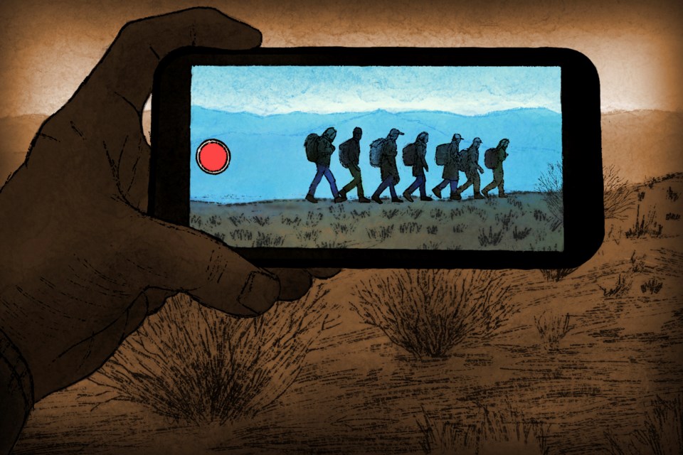 A depiction of a smuggler videoing migrants walking through the desert for later posting on social media based on hundreds of TikTok videos reviewed by the AP. (AP Illustration / Peter Hamlin)