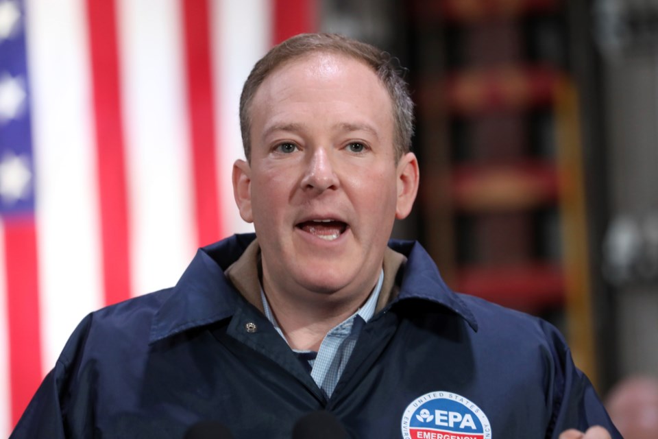 FILE - EPA Administrator Lee Zeldin speaks at the East Palestine Fire Department in East Palestine, Ohio, Feb. 3, 2025. (Rebecca Droke/Pool Photo via AP, File)