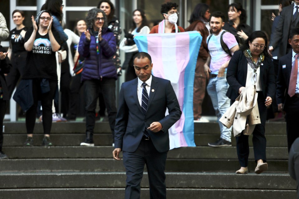 Washington Attorney General Nick Brown walks down the steps of a federal court in Seattle after a hearing over President Donald Trump's order against gender-affirming care for youth on Friday, Feb. 28, 2025. (AP Photo/Manuel Valdes)