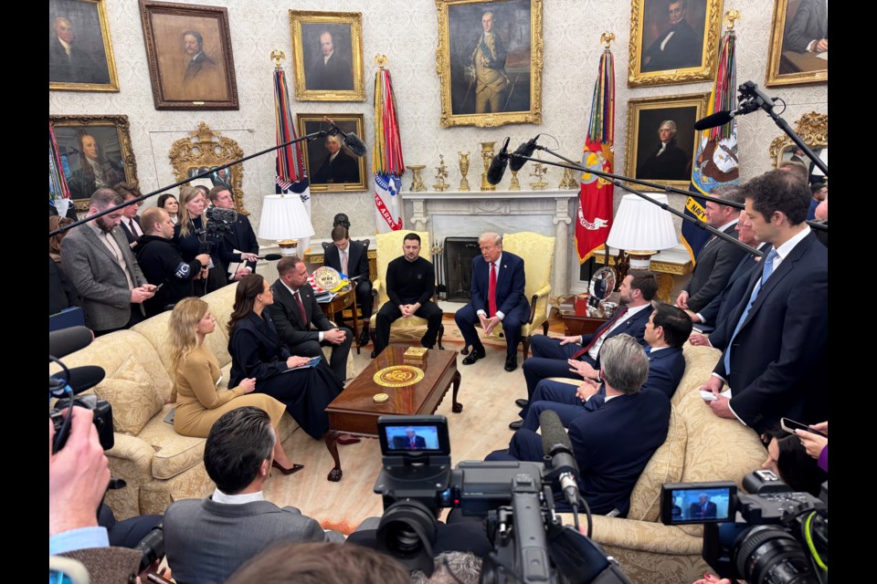 President Donald Trump meets with Ukraine President Volodymyr Zelenskyy in the Oval Office at the White House in Washington, Friday, Feb. 28, 2025. (AP Photo/Mstyslav Chernov)