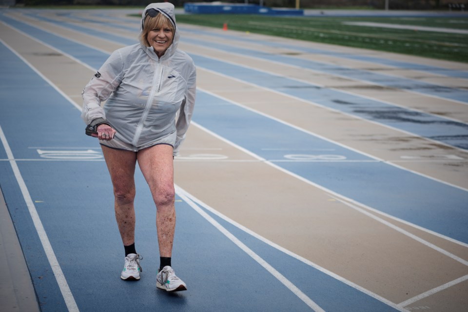 Sharon Kerson, 83, trains for the Los Angeles Marathon at the West Los Angeles College track in Culver City, Calif., Thursday, March 13, 2025. (AP Photo/Damian Dovarganes)