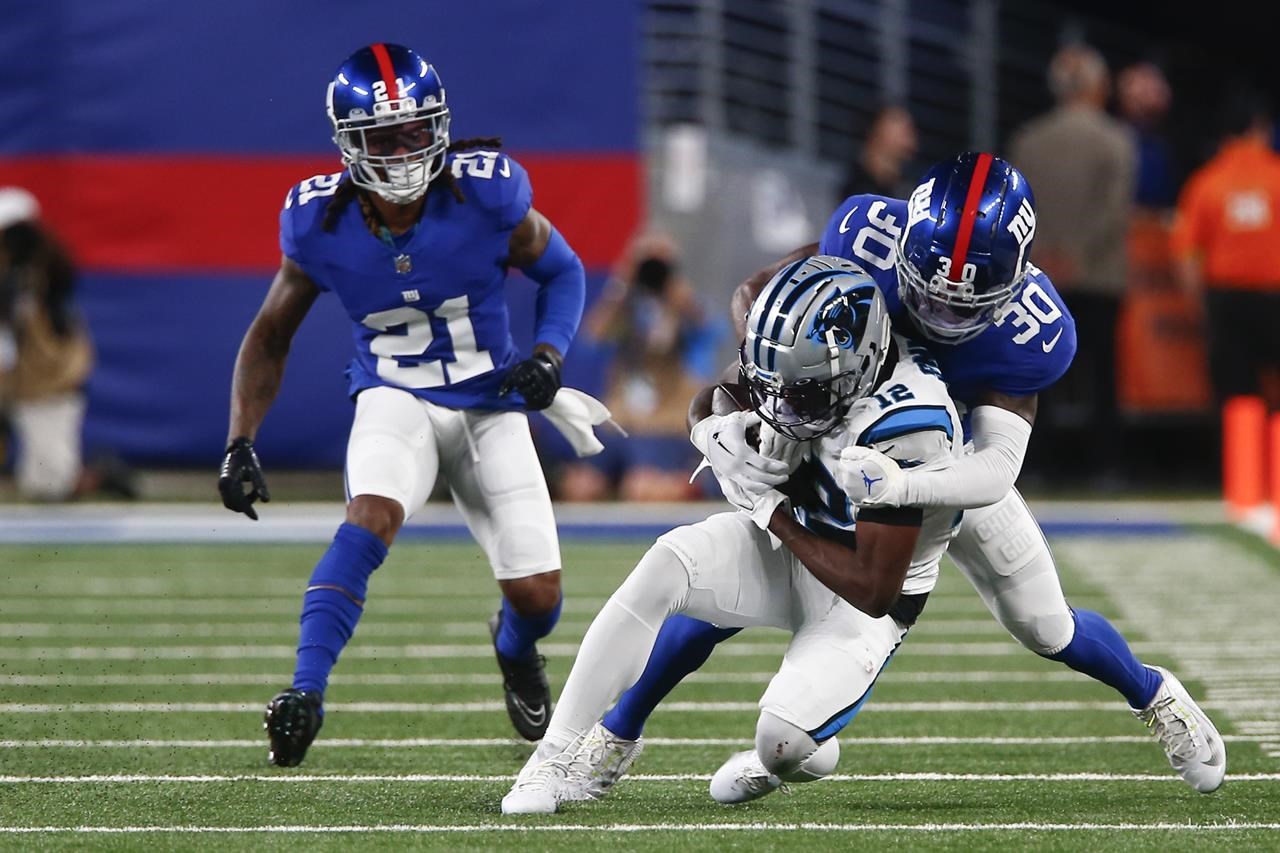 Carolina Panthers' Jonathan Mingo lines up during the first half of an NFL  preseason football game against the New York Giants, Friday, Aug. 18, 2023,  in East Rutherford, N.J. (AP Photo/John Munson