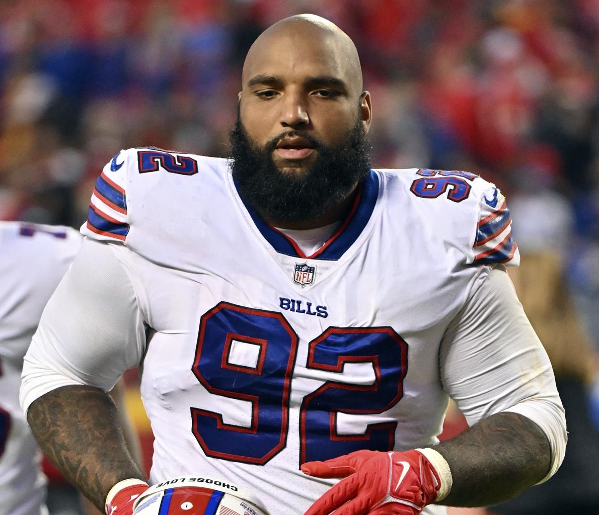 Buffalo Bills defensive tackle DaQuan Jones (92) walks off the field after  an NFL football game against the Kansas City Chiefs Sunday, Oct. 16, 2022,  in Kansas City, Mo. (AP Photo/Peter Aiken