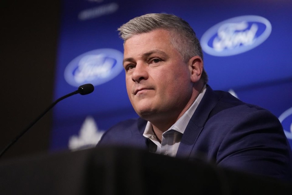 Ex-Toronto Maple Leafs head coach Sheldon Keefe speaks to the media in Toronto on Monday May 6, 2024, after his team's season-ending loss to Boston Bruins in the first round of the NHL Stanley Cup playoffs. THE CANADIAN PRESS/Chris Young