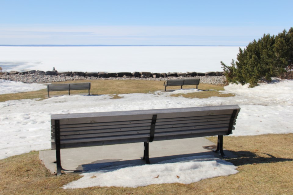 USED 2019-05-2goodmorning  3 Benches at the waterfront. Photo by Brenda Turl for BayToday.