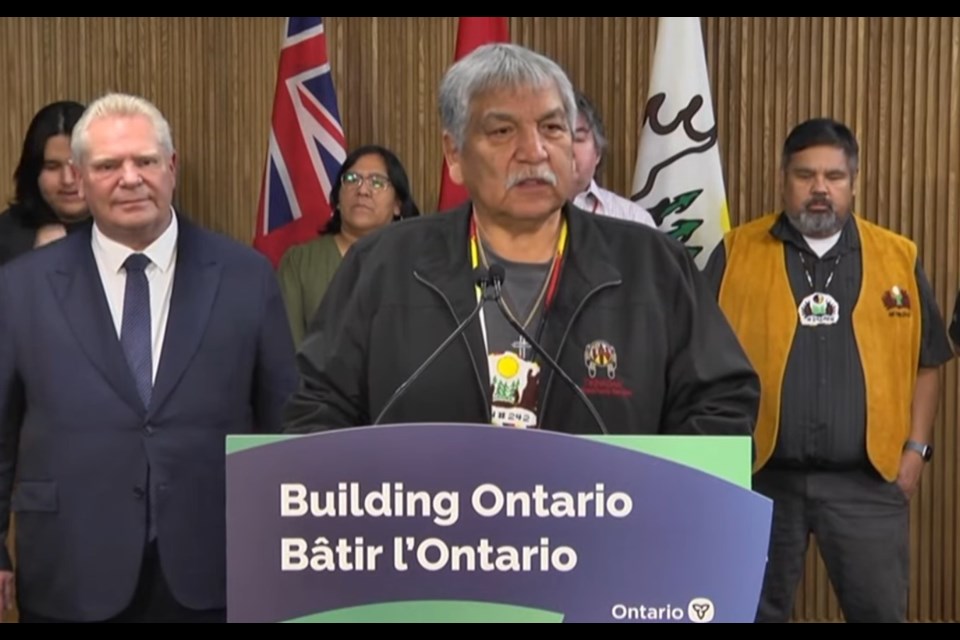 Aroland Chief Sonny Gagnon speaks during a news conference Jan. 28, 2025, in Toronto.