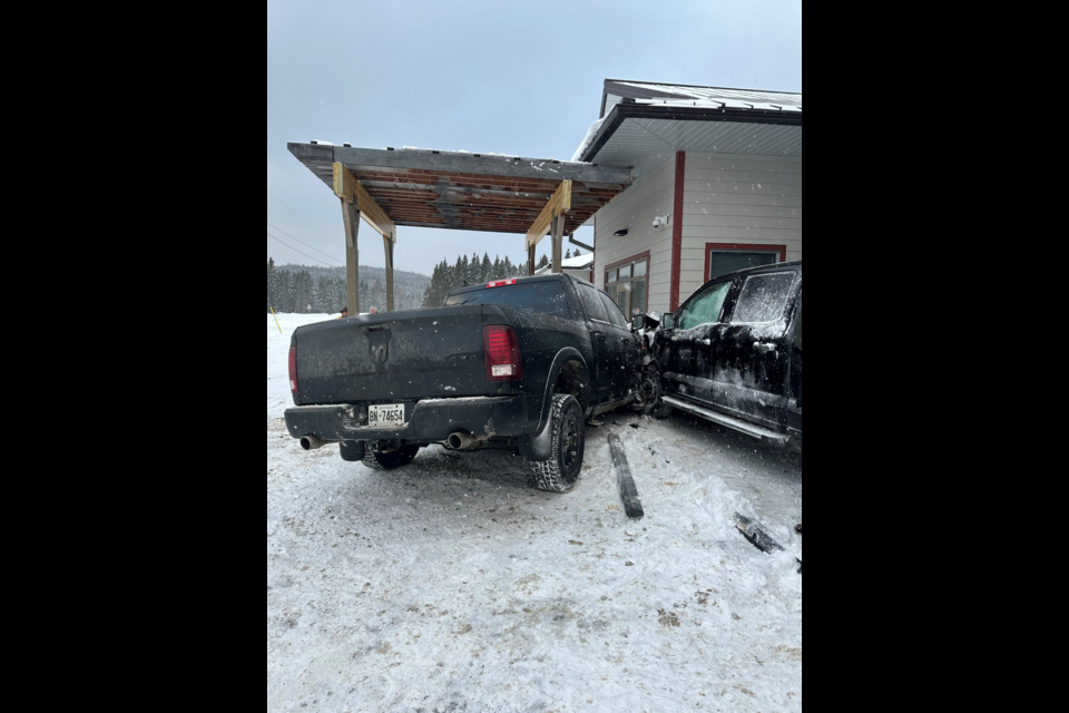 Police say Black Ford F150 hit a black Dodge Ram and the front entrance to the Biigtigong Health Centre on Jan. 24, 2024.