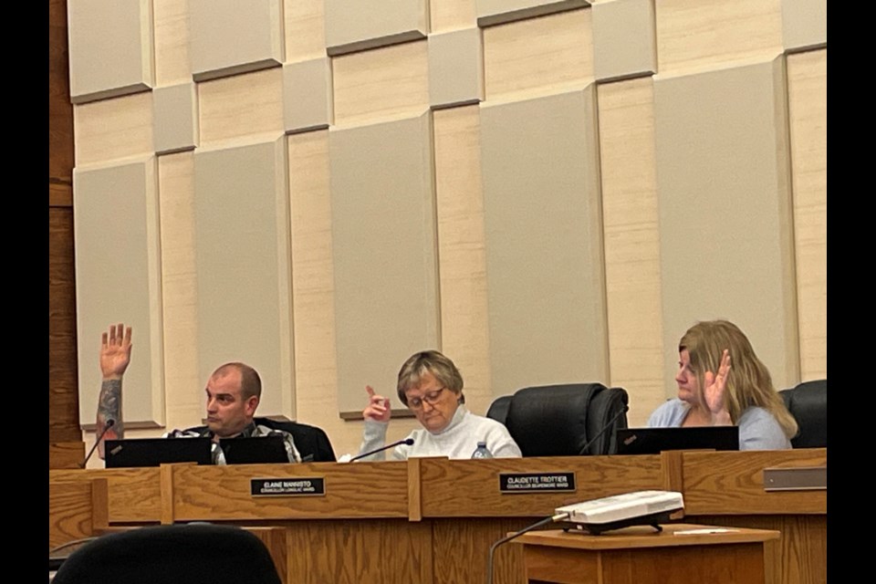 Councillors Alan Ouellet, Elaine Mannisto, and Claudette Trottier at the regular council meeting on Dec. 11, 2023.