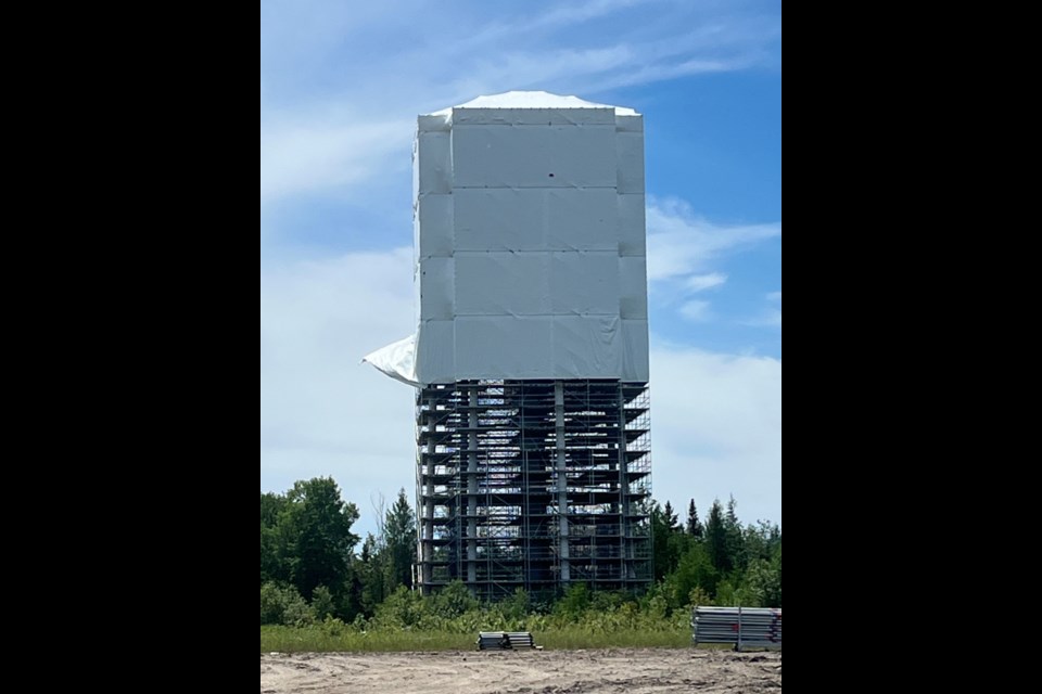 The Geraldton water tower being shrink-wrapped ahead of sandblasting and painting. Pictured here on June 21, 2024.