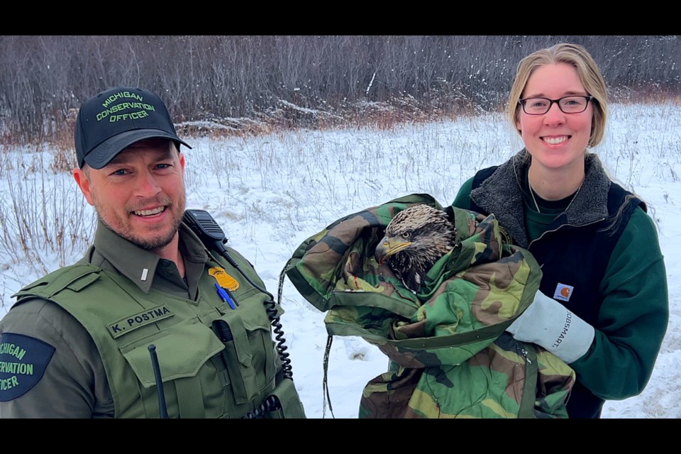 DNR Conservation Officer Kevin Postma and Wildlife Technician Rachel Leggett rescued the bald eagle and transported it to a local veterinarian's office.