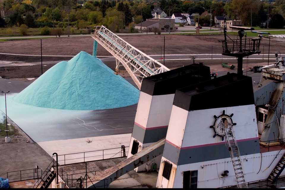 The Calumet freighter unloaded around 12,000 metric tons of road salt at the old Carbide Dock Sunday.