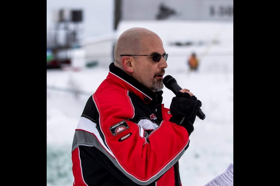 Matt Prieur announcing at the International 500 Snowmobile Race in Sault Ste. Marie, MI