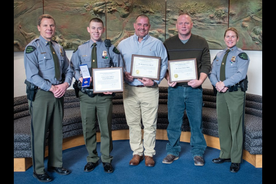 Left to right: Asst. Chief Dave Shaw, DNR Law Enforcement Division, Conservation Officer Josiah Killingbeck, Richard Olds, Corey Miller, Capt. Jen Wolf, DNR Law Enforcement Division