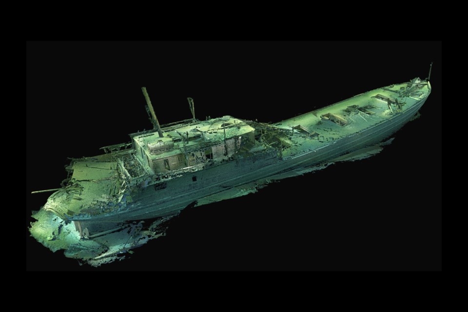 3-d image of the SS Russia sitting 220 feet below Lake Huron's surface.