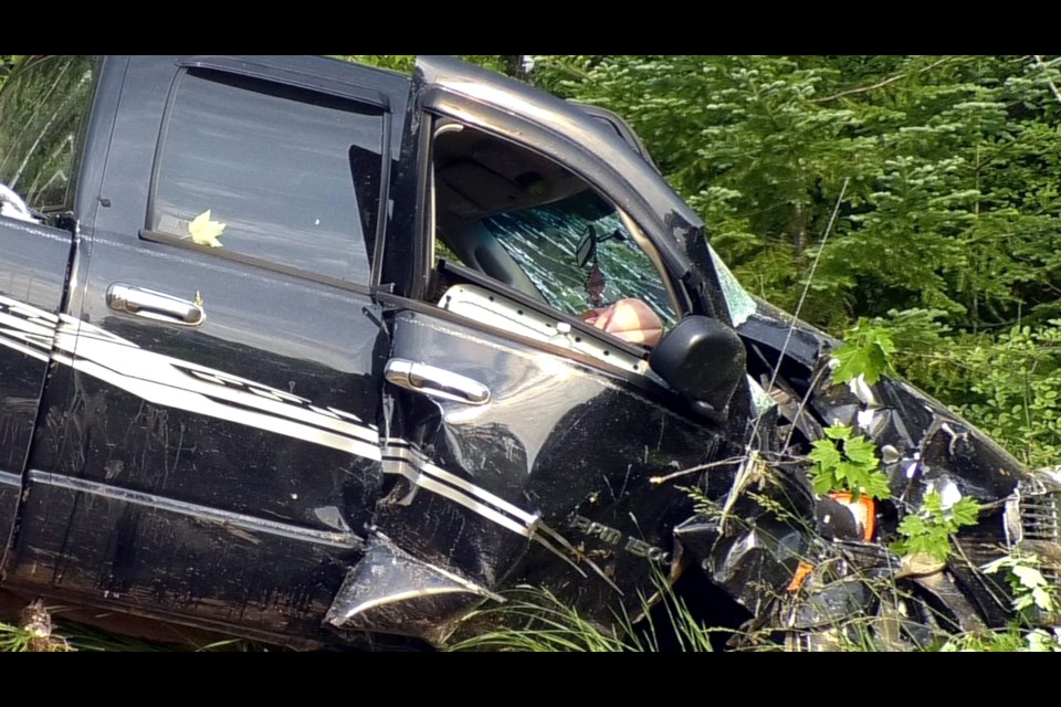 A dog in the truck was killed in the accident. Firefighters had to use the Jaws of Life to get to the dog.