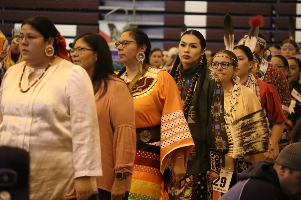 Dancers, drummers, and singers came together at the George Leach Centre for the 17th annual Gathering at the Rapids Pow Wow on Mar. 4, 2023.