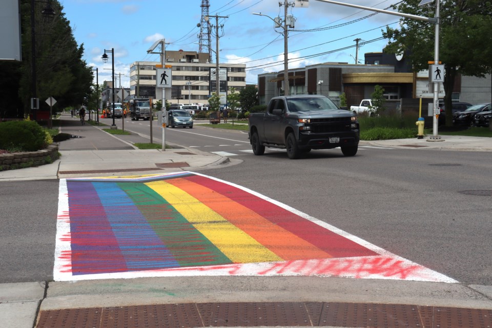 The Pride crosswalk on Spring Street at Bay Street, which was vandalized with red spray paint on Tuesday, is expected to be repaired by the end of the week.